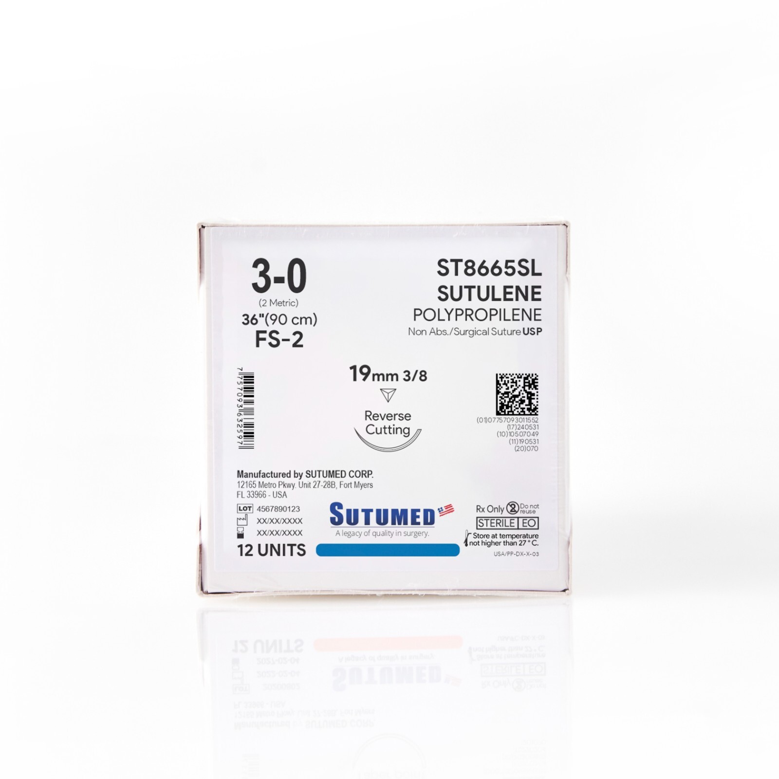 Sutumed Sutu-Lene Polypropylene Suture USP 3-0, 3/8 19mm reverse cutting