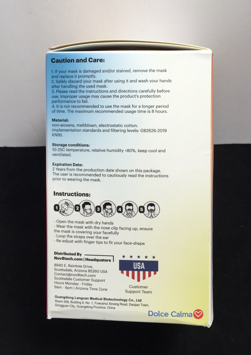 25 Pc KN95 DOLCE CALMA Protective 5 Layer FACE MASKS Disp. 5 Colors NIB