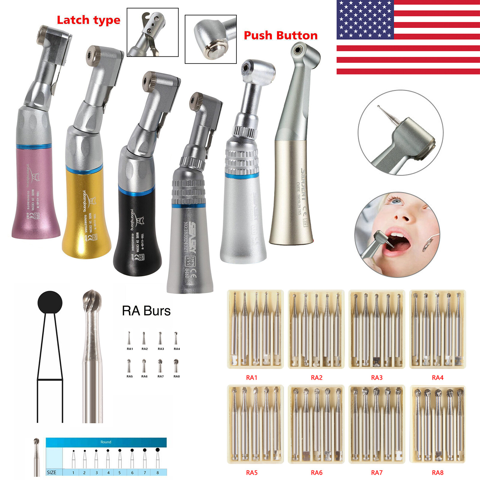 Low Speed Contra Angle Handpiece /Tungsten Steel Carbide Burs RA1-RA8 Dental