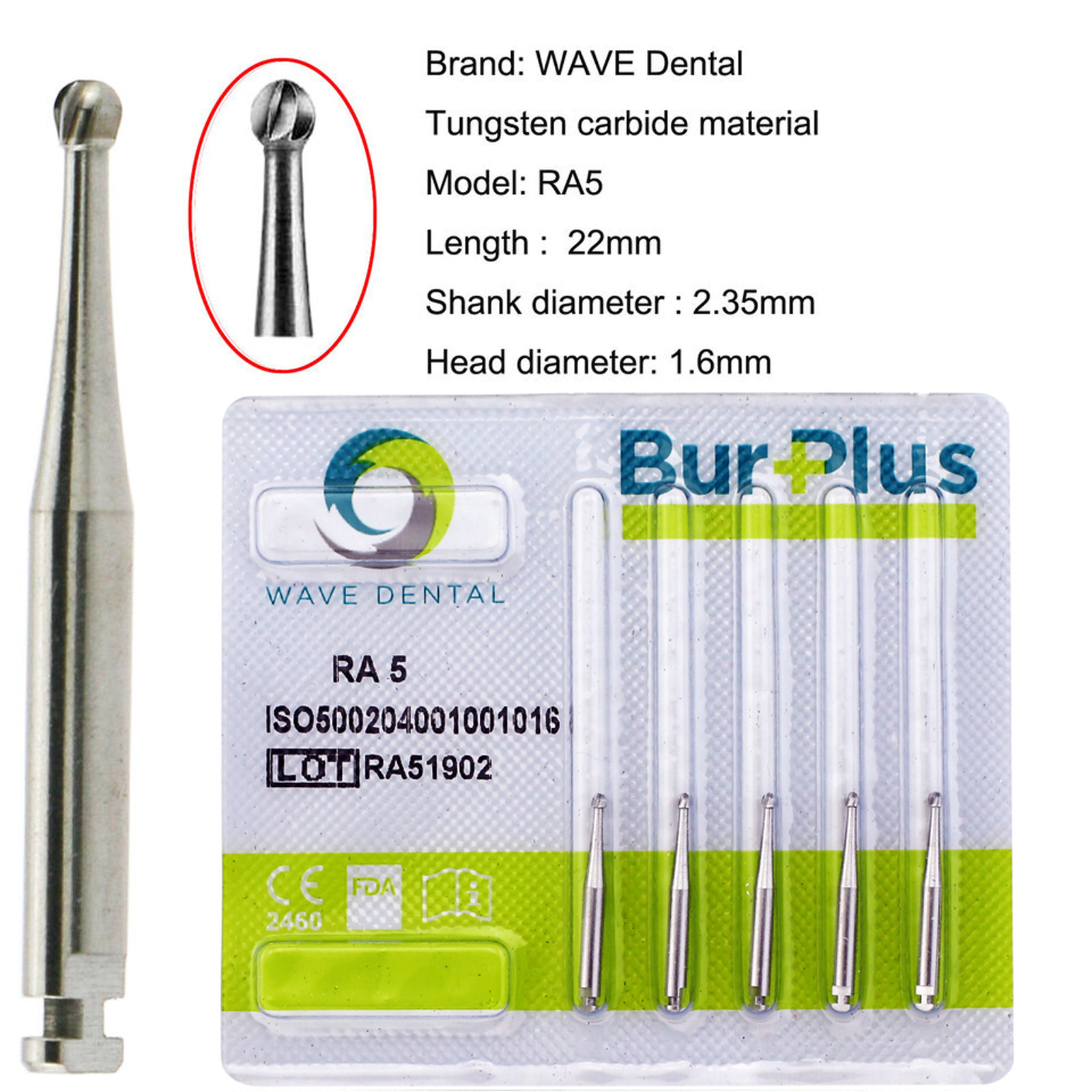 WAVE Dental RA Round Latch Type Carbide Bur Midwest LA For Low Speed Handpiece