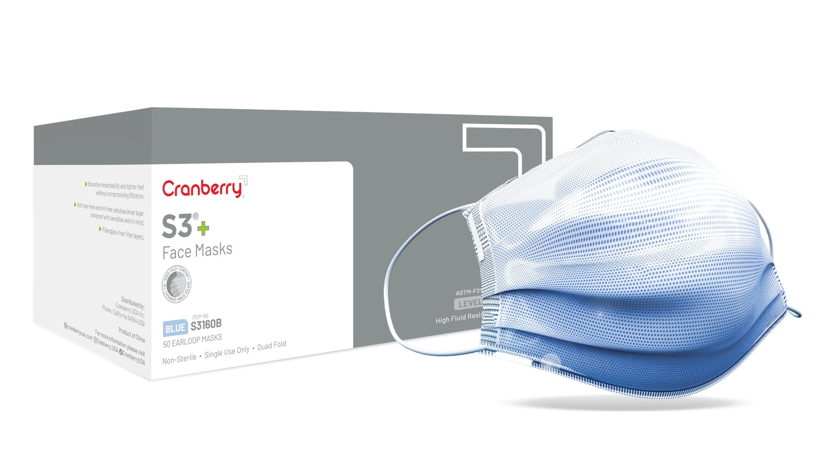 Cranberry USA S3160B S3+ Earloop Face Mask, 3-Ply, Disposable, Blue (Pack of 50)