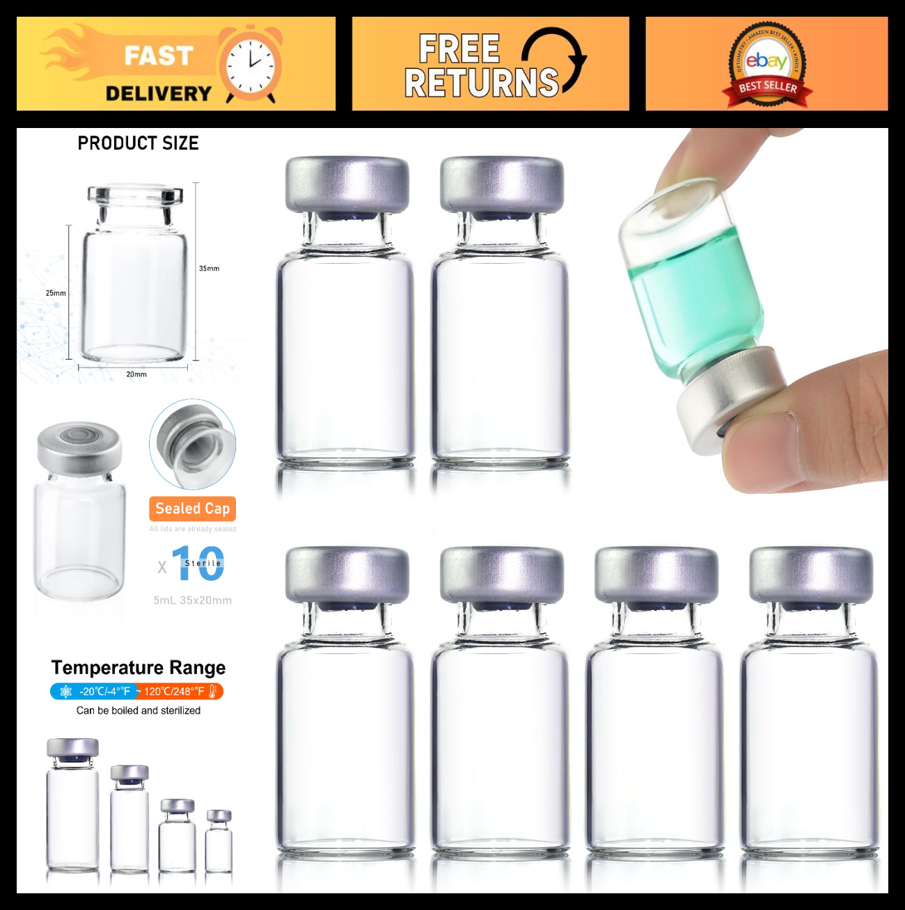 50 Pack 5ml Glass Sample Vials with Sealed Self-Healing Injection Port – Clear