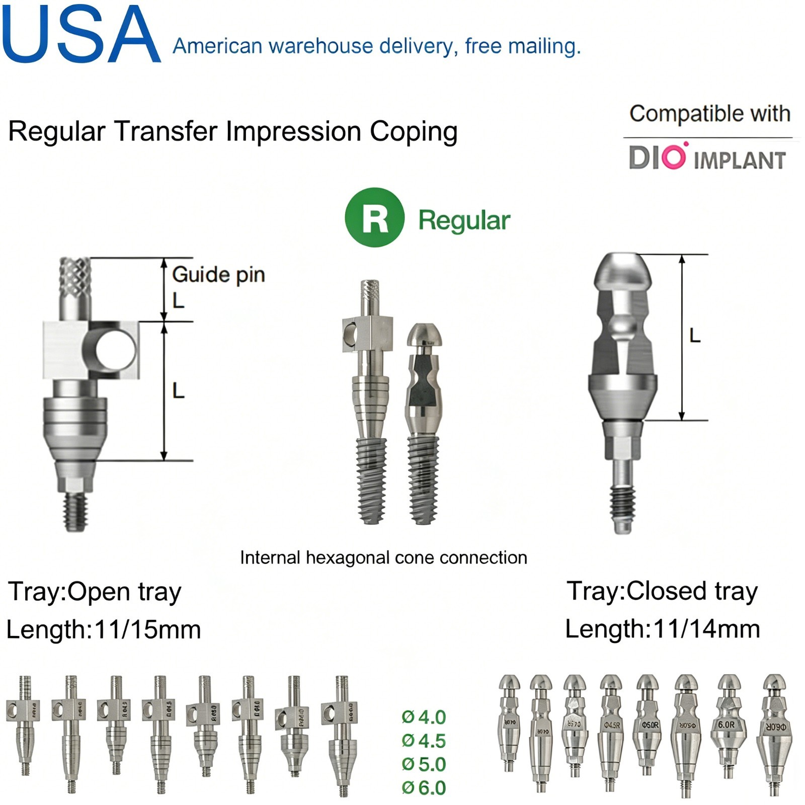 US DIO UFII Dental Regular Fixture Transfer Impression Coping Open Closed Tray