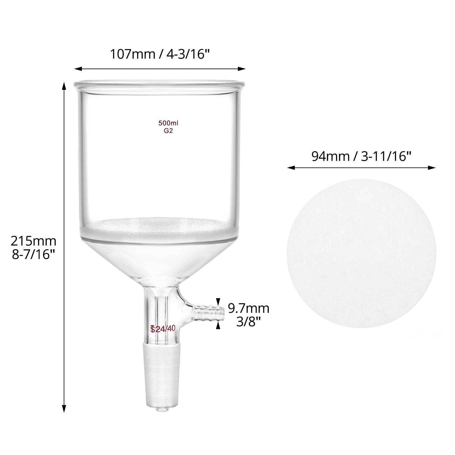 500Ml Borosilicate Glass Buchner Filtering Funnel with Medium Frit (G2) – 24/40