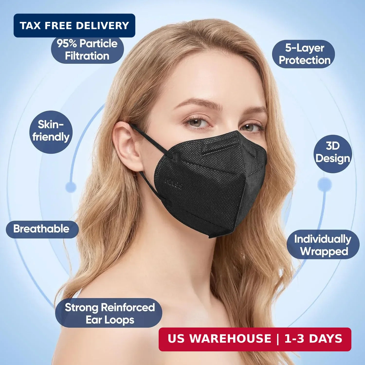 KN95 Face Masks 50 Pack Individually Wrapped 5-Layer Disposable Face Mask Black