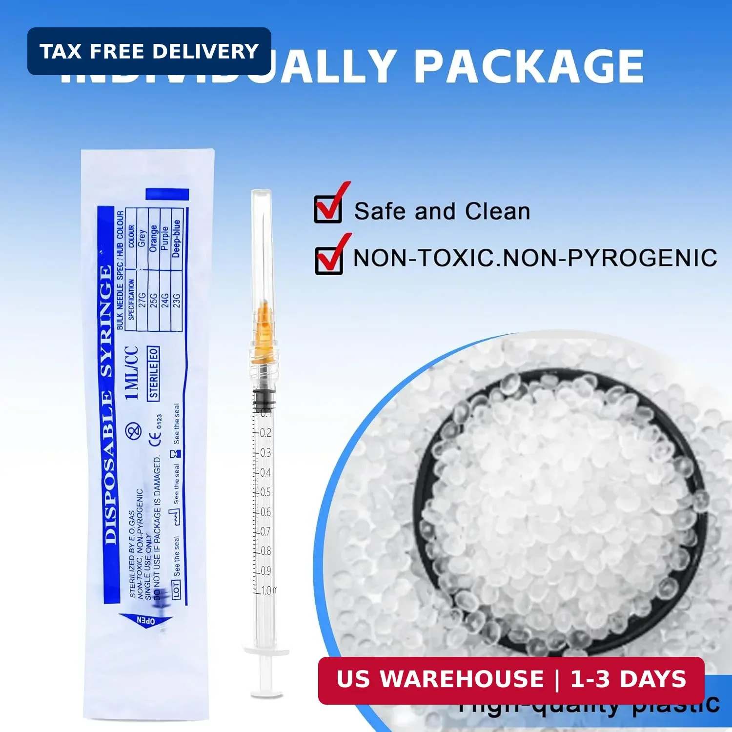 20 Pack 1ml Syringes 25G 1 Inch Lab Disposable Individually Sealed Packed, Luer