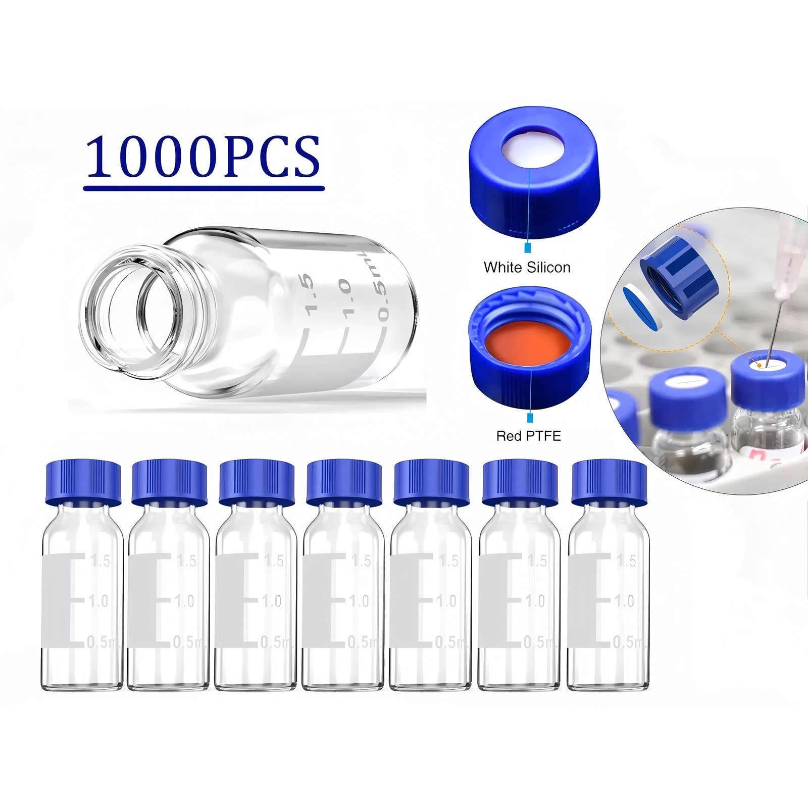 1000pcs 2mL Autosampler Vials Glass Vials HPLC Lab Vial 9-425 with Screw Cap Kit