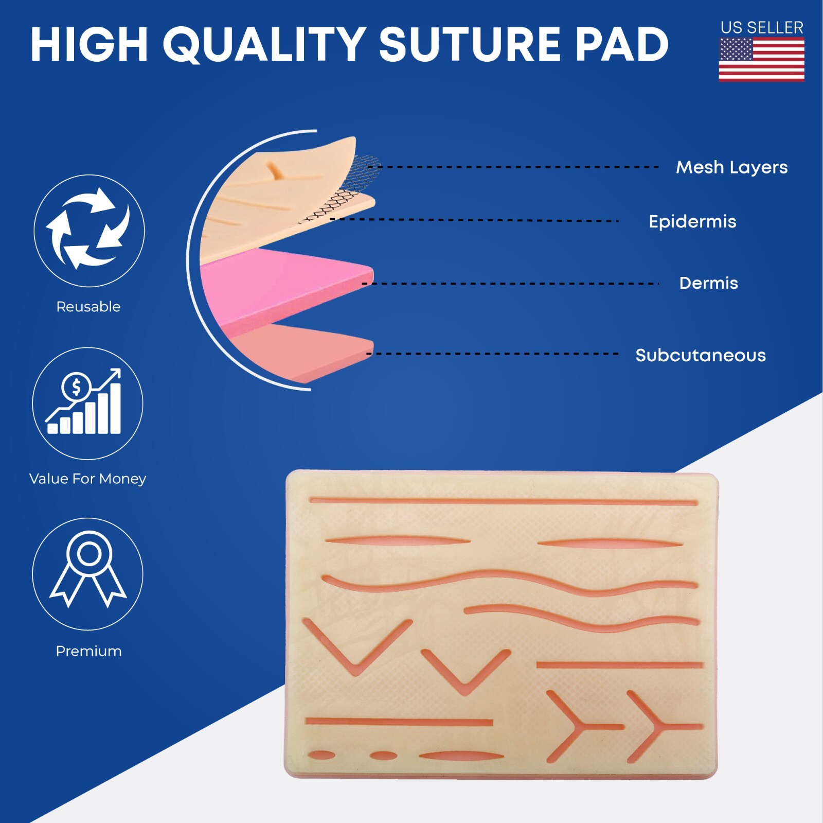Suture Practice kit Pad 14 Wounds Premium 3 layer Silicone Student Suture Pad