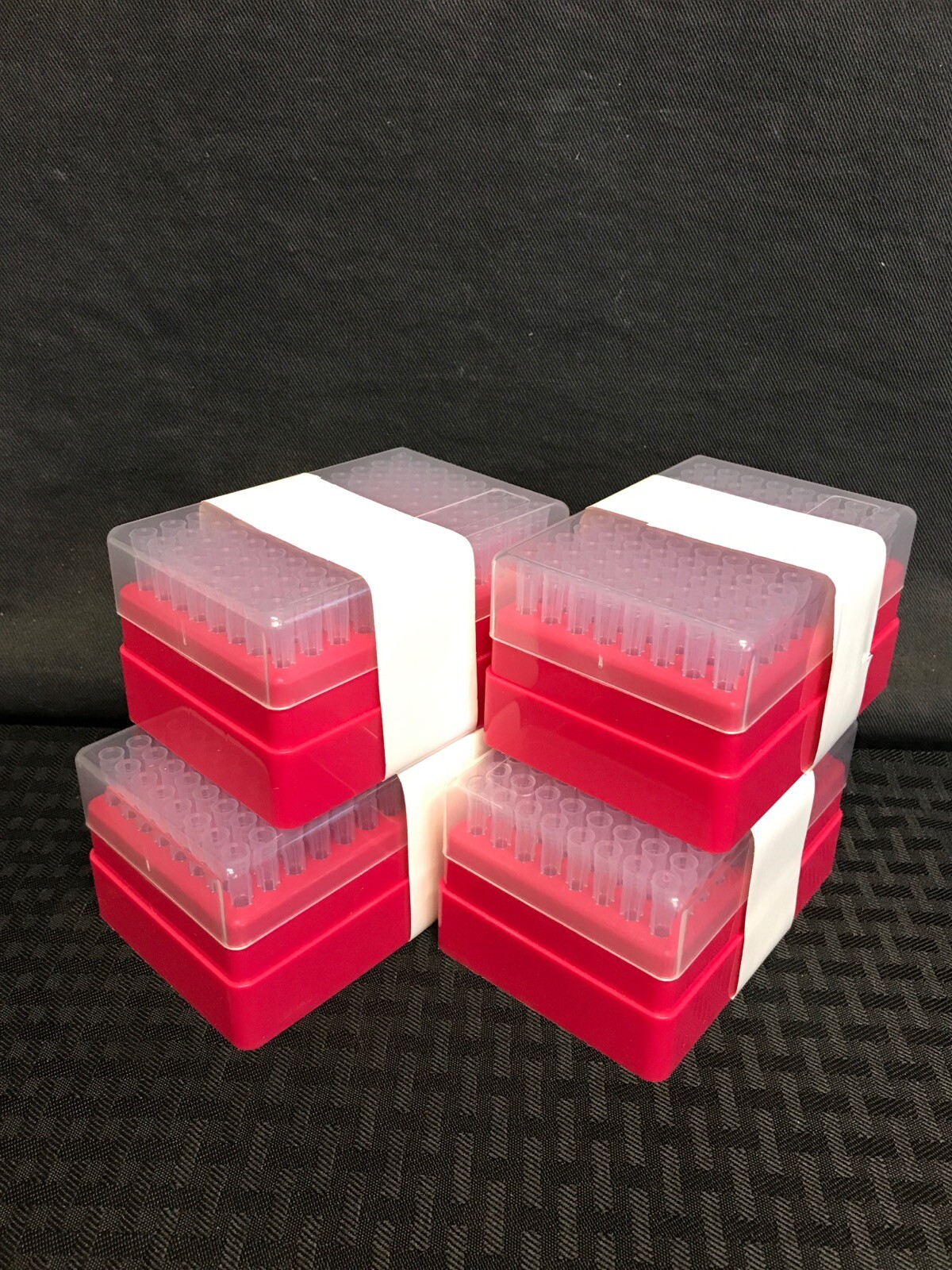 (4) Laboratory Plastic 96-Tip Racked Pipet Tips Unknown Brand and Size