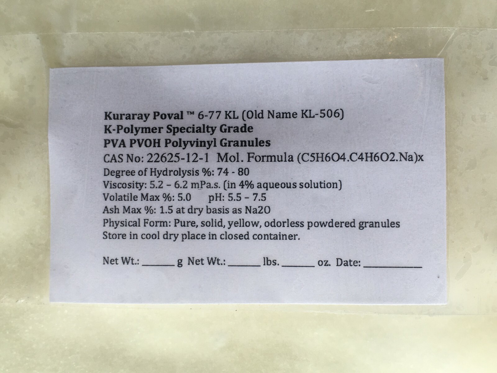 Polyvinyl Alcohol 500g PVA PVOH Kuraray Poval 6 77 KL Polymer 22625 12 1 KL 506