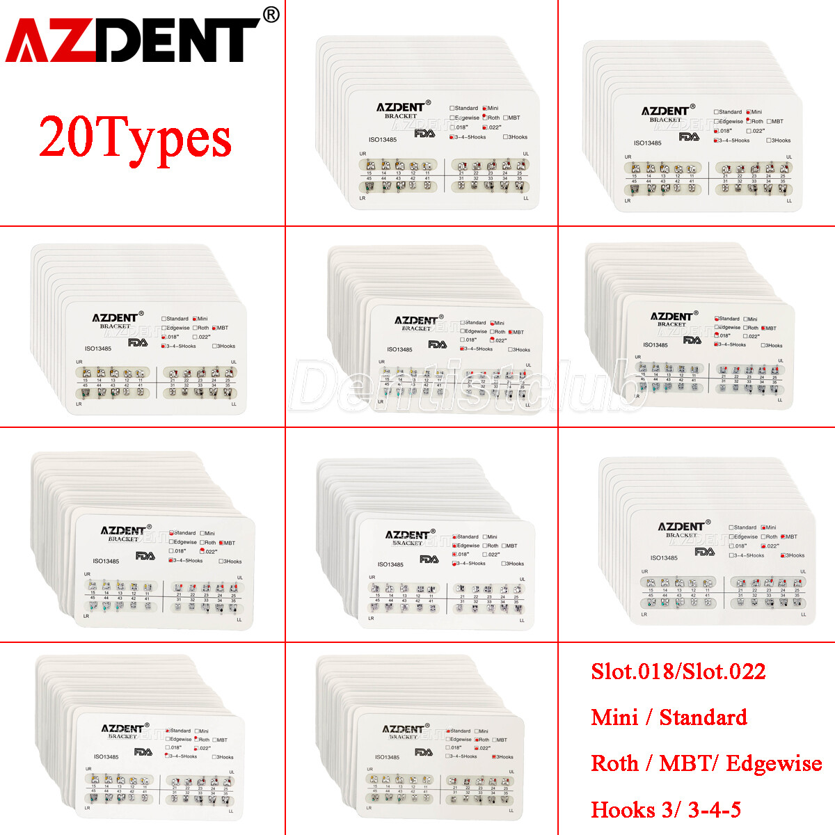 20 Types 10X Dental Orthodontic Ultrathin Bracket Braces Metal Roth/MBT Hook 345