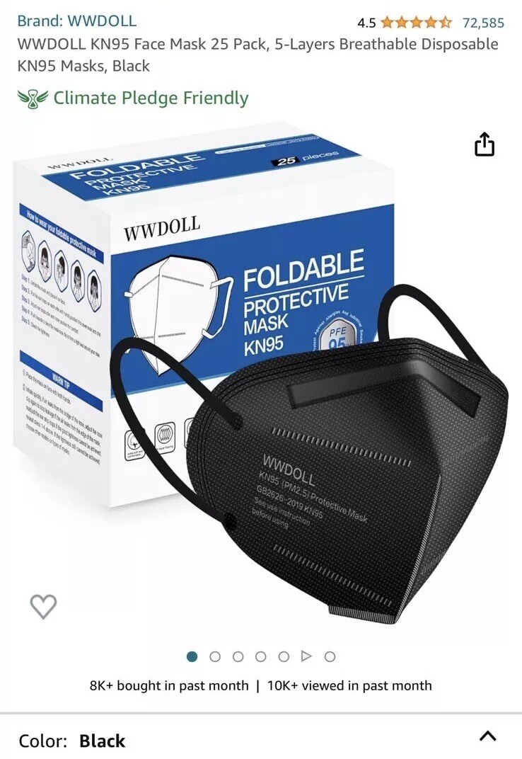 WWDOLL KN95 Face Mask 25 Pack, 5-Layers Breathable Adult Size, Black