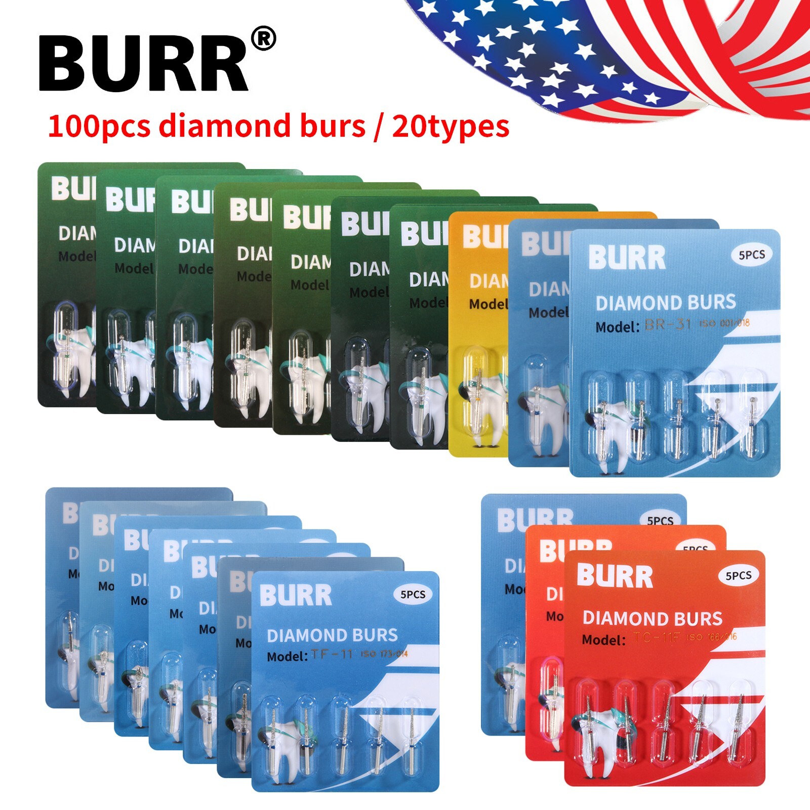 100Pcs Dental Diamond Burs High Speed Handpiece Friction Grip 20 Types