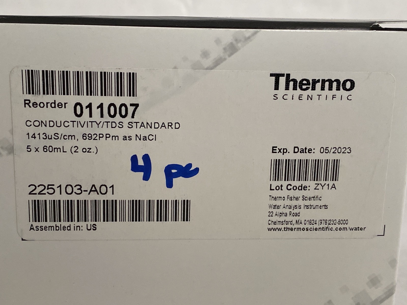 NOS (4) THERMO ORION Conductivity TDS Standard Solution 4x60mL 1413uS/cm 011007