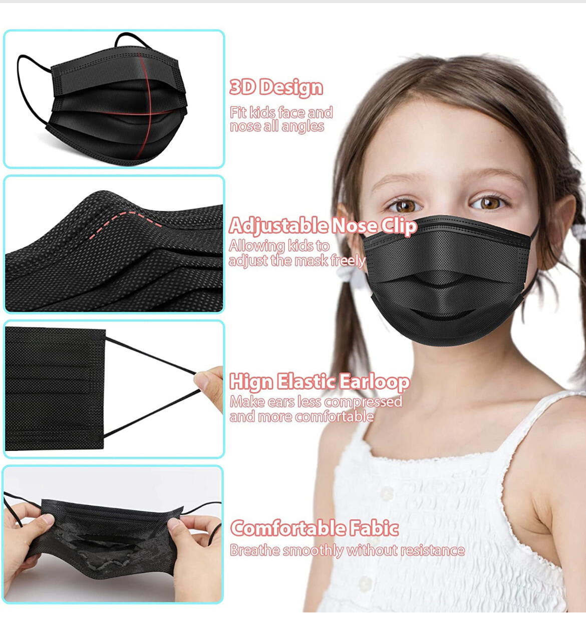 100 PCS Disposable Kids Face Mask Non Medical 3 Ply Ear loop Black Toddler Masks