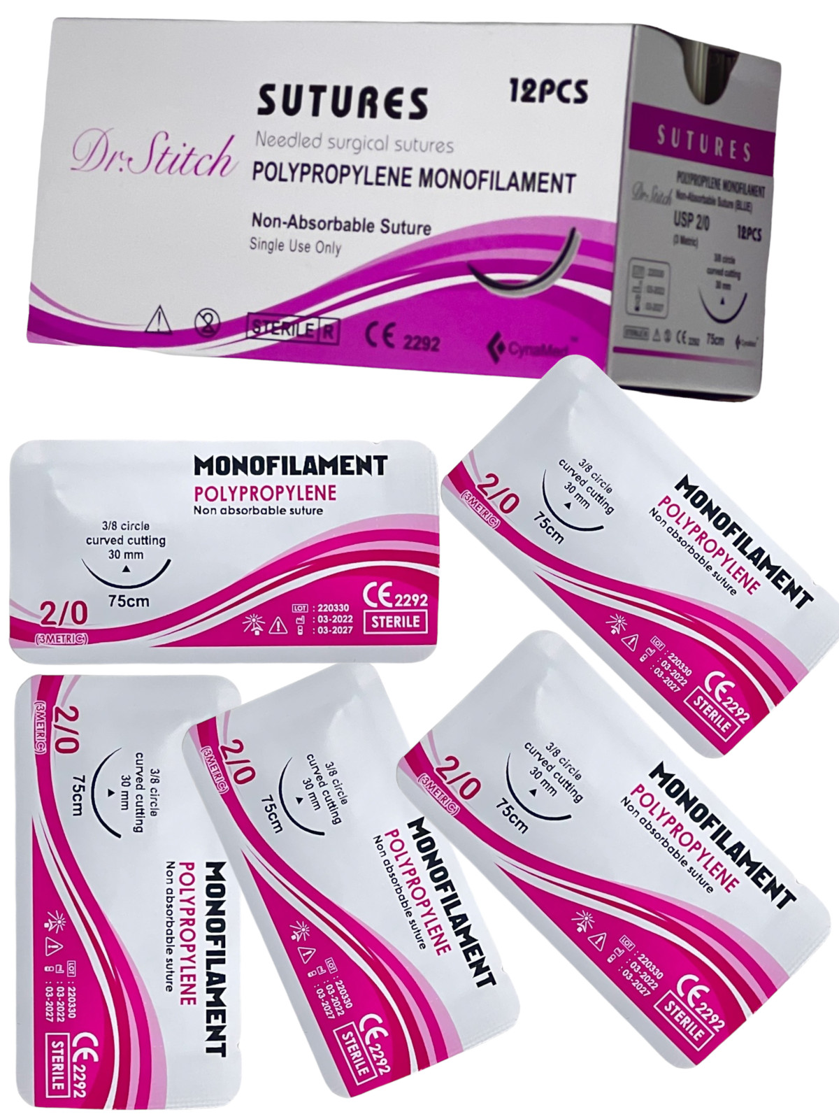 2/0 Polypropylene Sterile Training Suture Thread With Needle Sewing Box 12 PACK