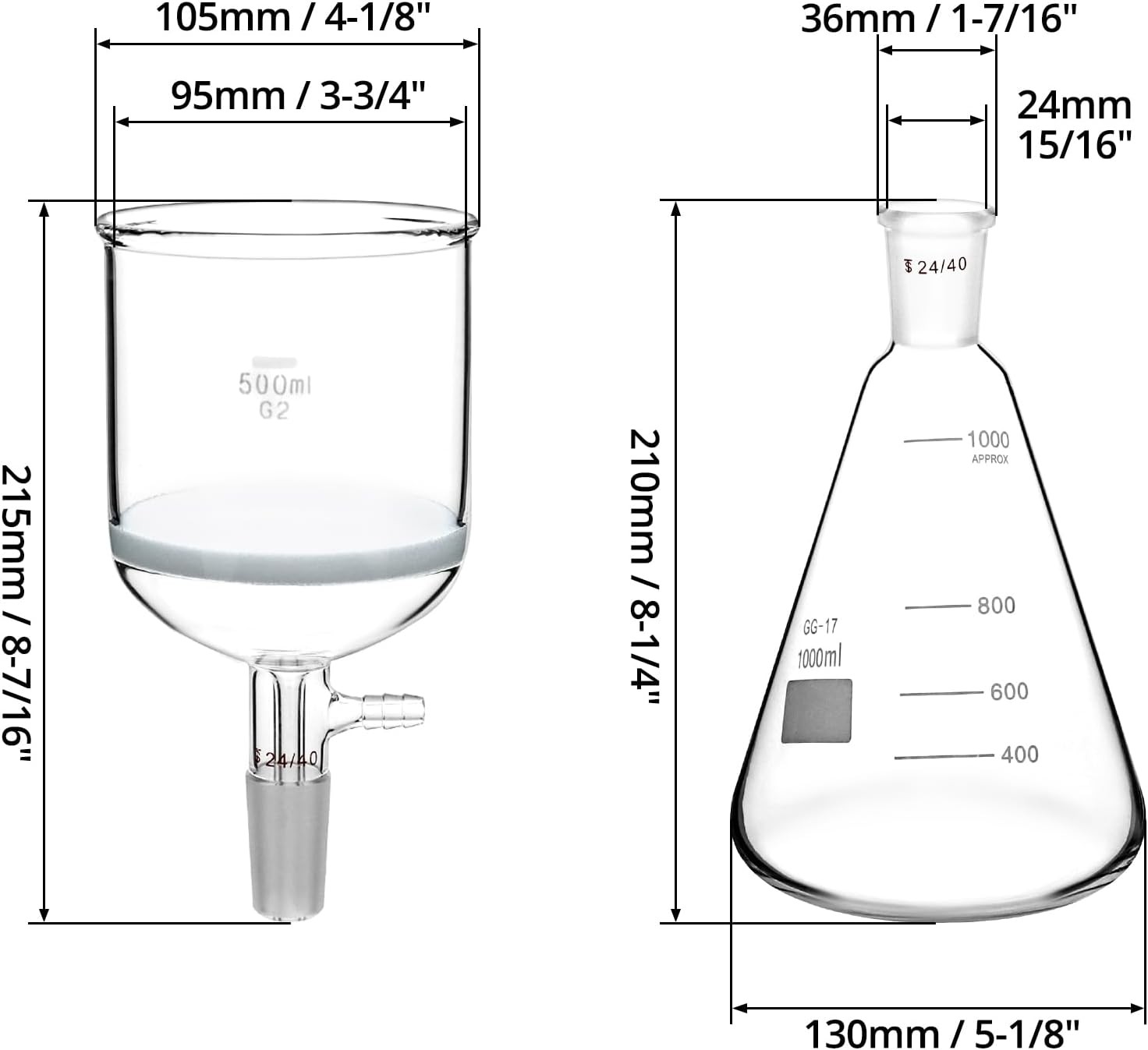 Borosilicate Glass 500ml Buchner Filtering Funnel and 1000 mL Erlenmeyer Flask,