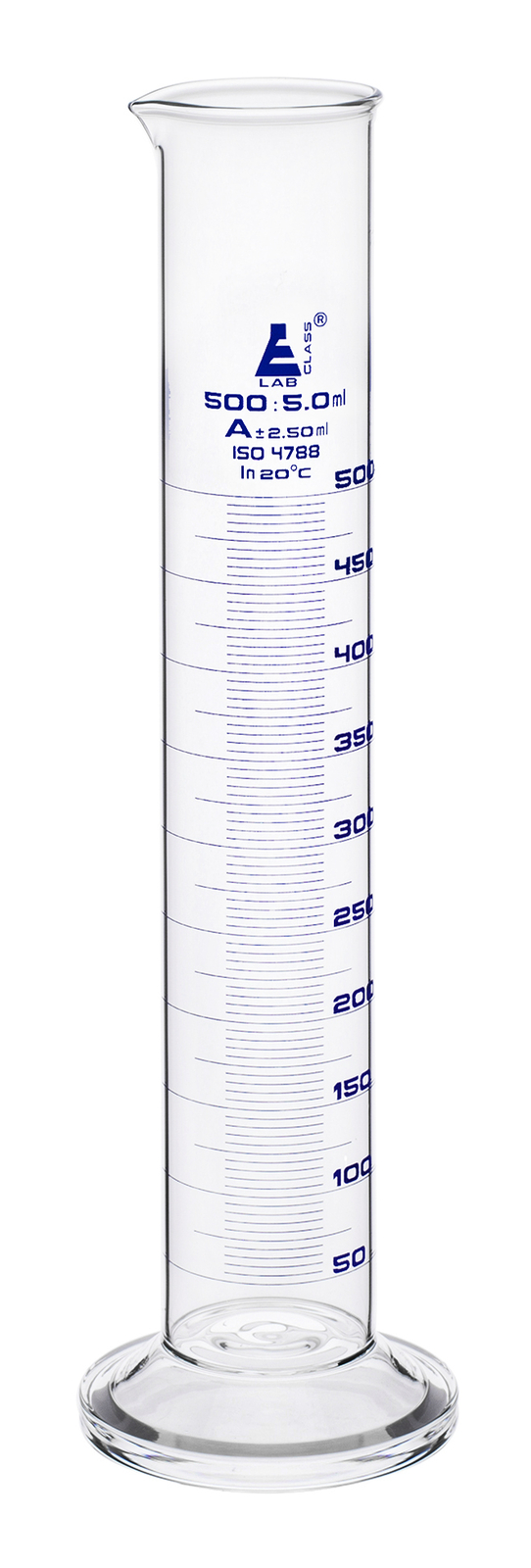 Eisco Labs 500ml Graduated Cylinder, Class A – Blue Graduations, Round Base
