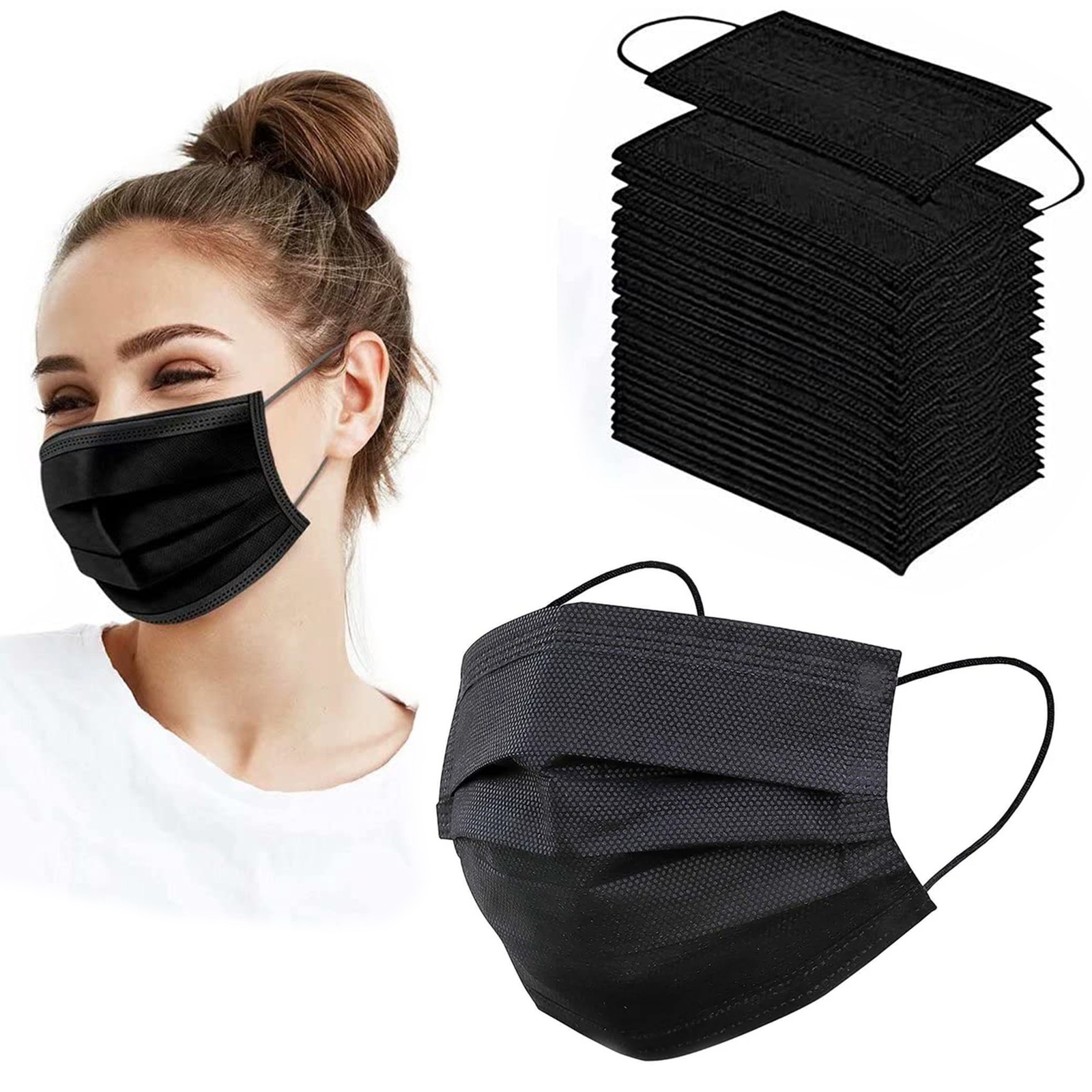 50-Pack Black Disposable Face Mask 3-Ply Earloop Medical Surgical Cover New
