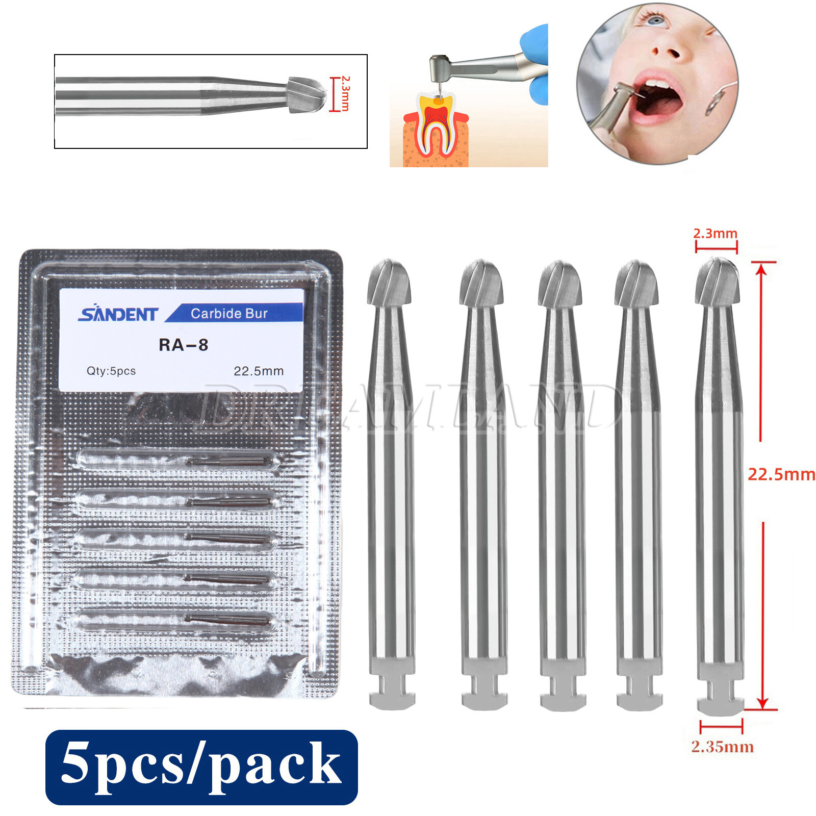5 Pcs/Pack Dental 22.5mm Round Carbide Bur Slow Speed Latch Type RA8 Burs USA