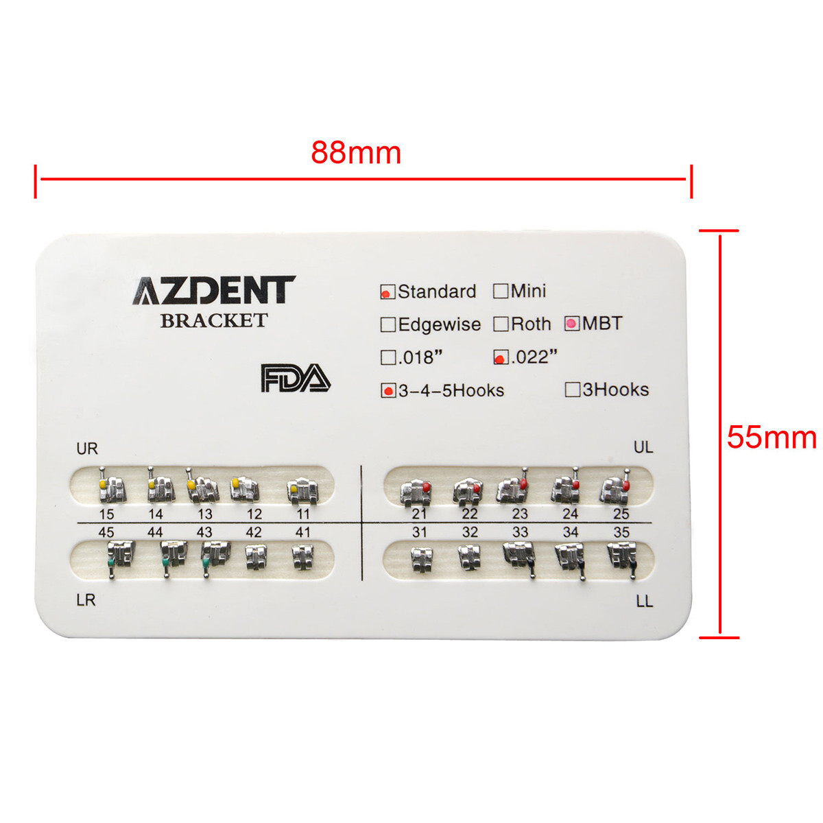 AZDENT Dental Orthodontic Bracket Braces Standard MBT Slot .022 Hooks 3-4-5