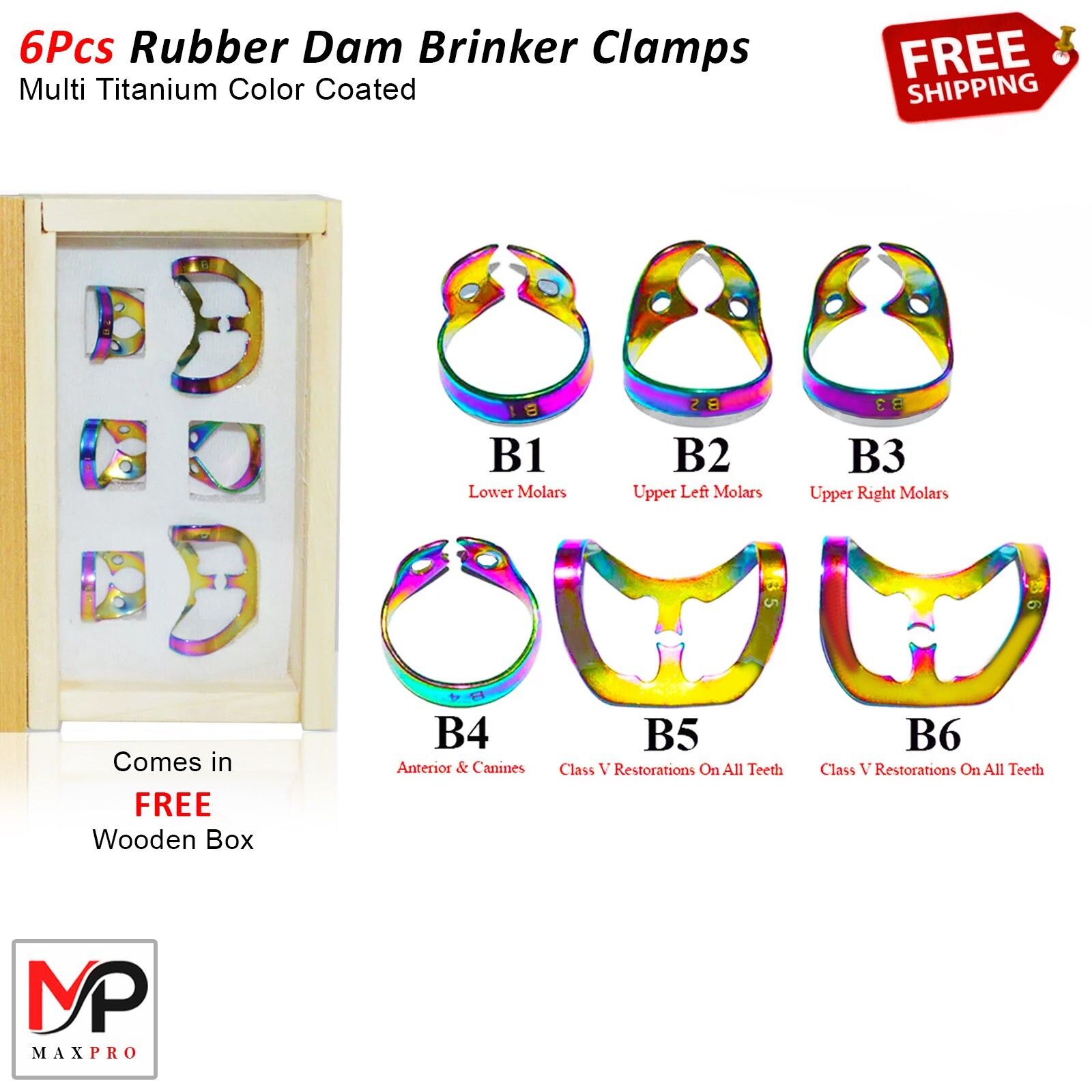 6 Piece Multi Color Dental Rubber Dam Brinker Clamps Multi Color Coated + Box