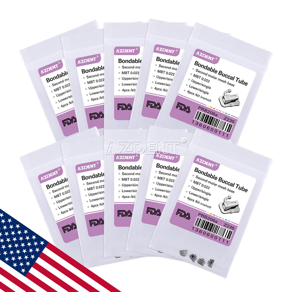 AZDENT Dental Orthodontic Buccal Tube 2nd Roth/MBT .022 Bondable Non-Conv