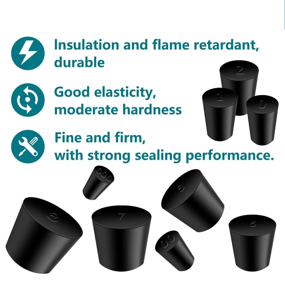 24Pcs Solid Rubber Stoppers 000# – 8# Tapered Lab Bungs 24pcs, Black