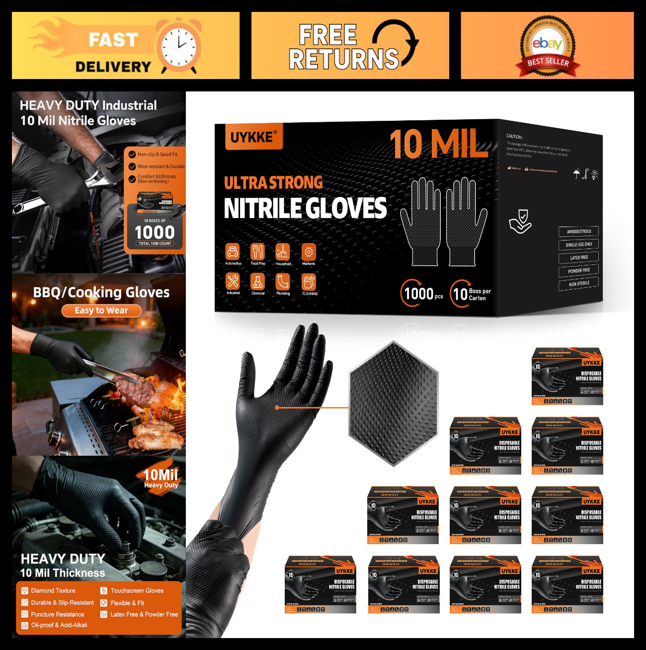 Heavy Duty 10 Mil Disposable Nitrile Gloves – Industrial Rubber, Latex-Free, 100