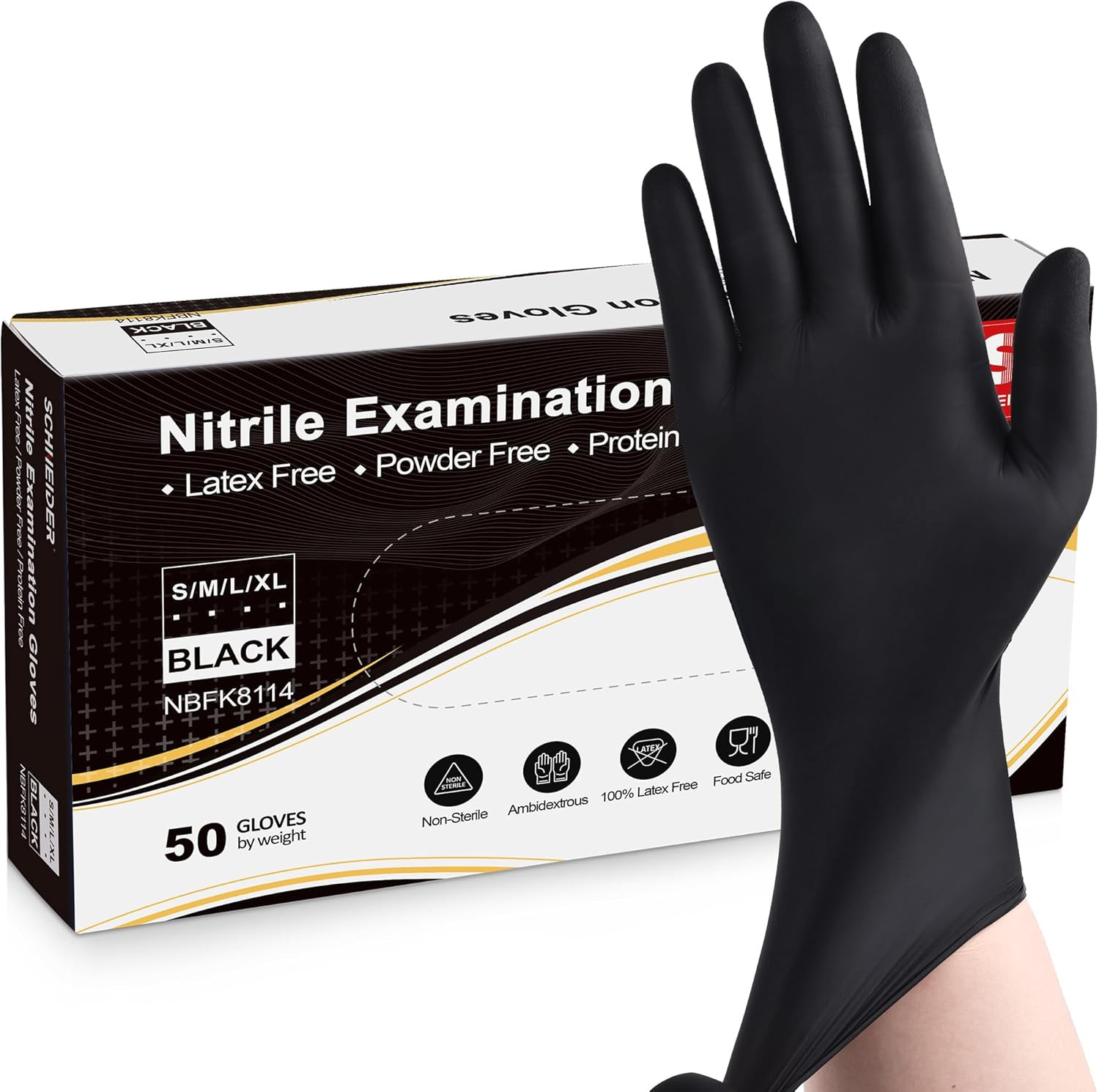Schneider Black Nitrile Exam Gloves, 5 Mil Disposable Gloves Large 50 Pcs