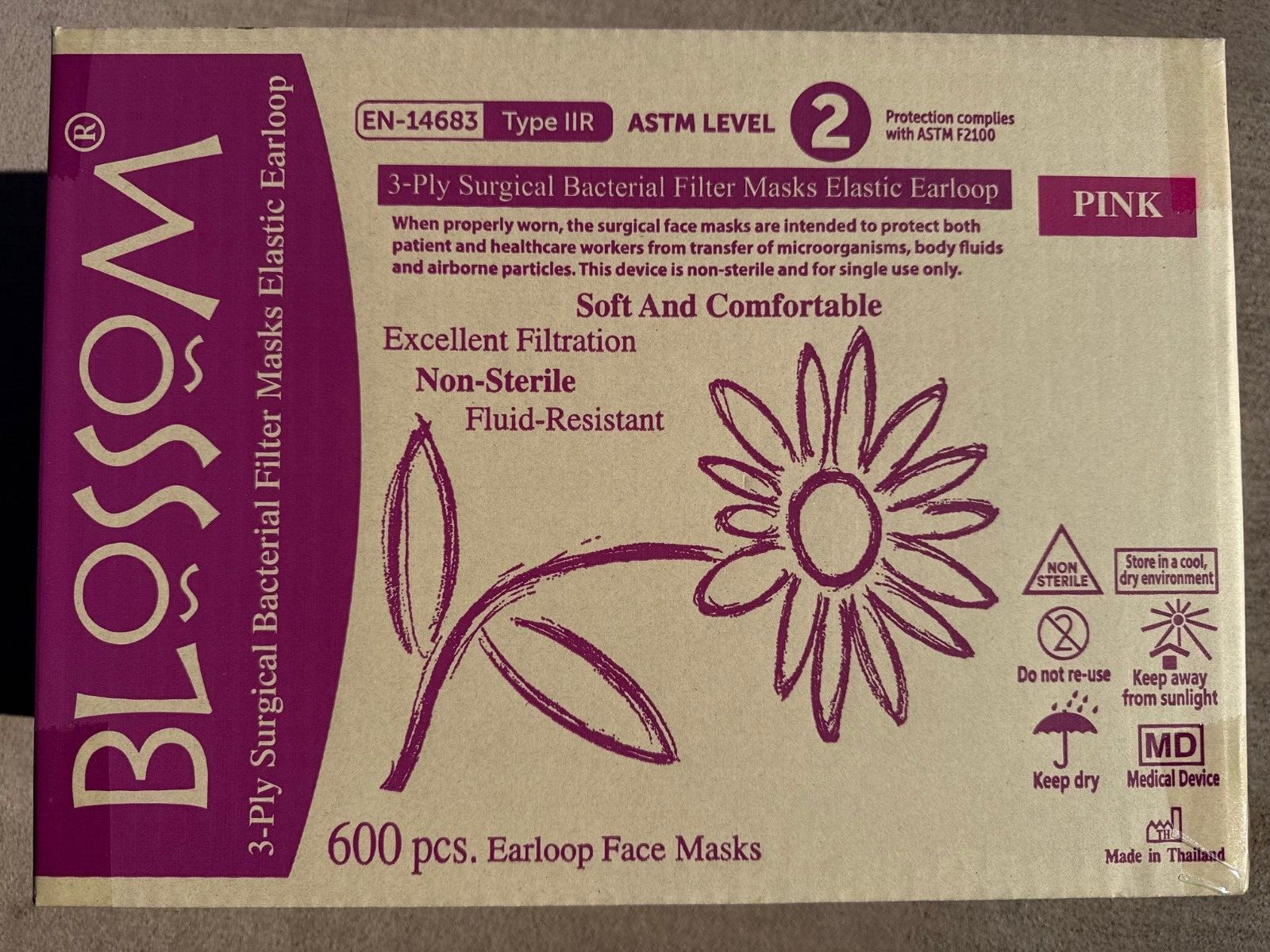 Blossom Pink Ear-Loop Face Mask Latex-Free Level 2 50/Bx or 600/case