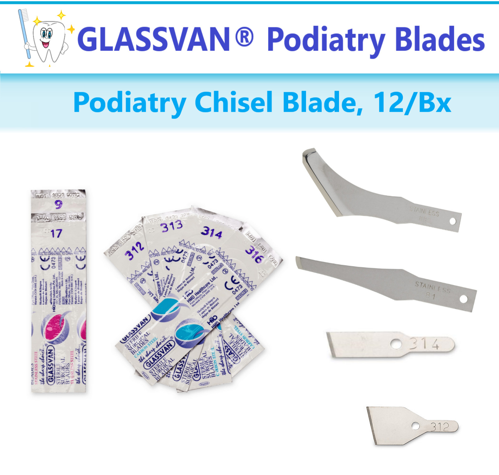 GLASSVAN® Podiatry Blades #9, #81, #88, #313, #314 Podiatry Chisel Blade, 12/Bx