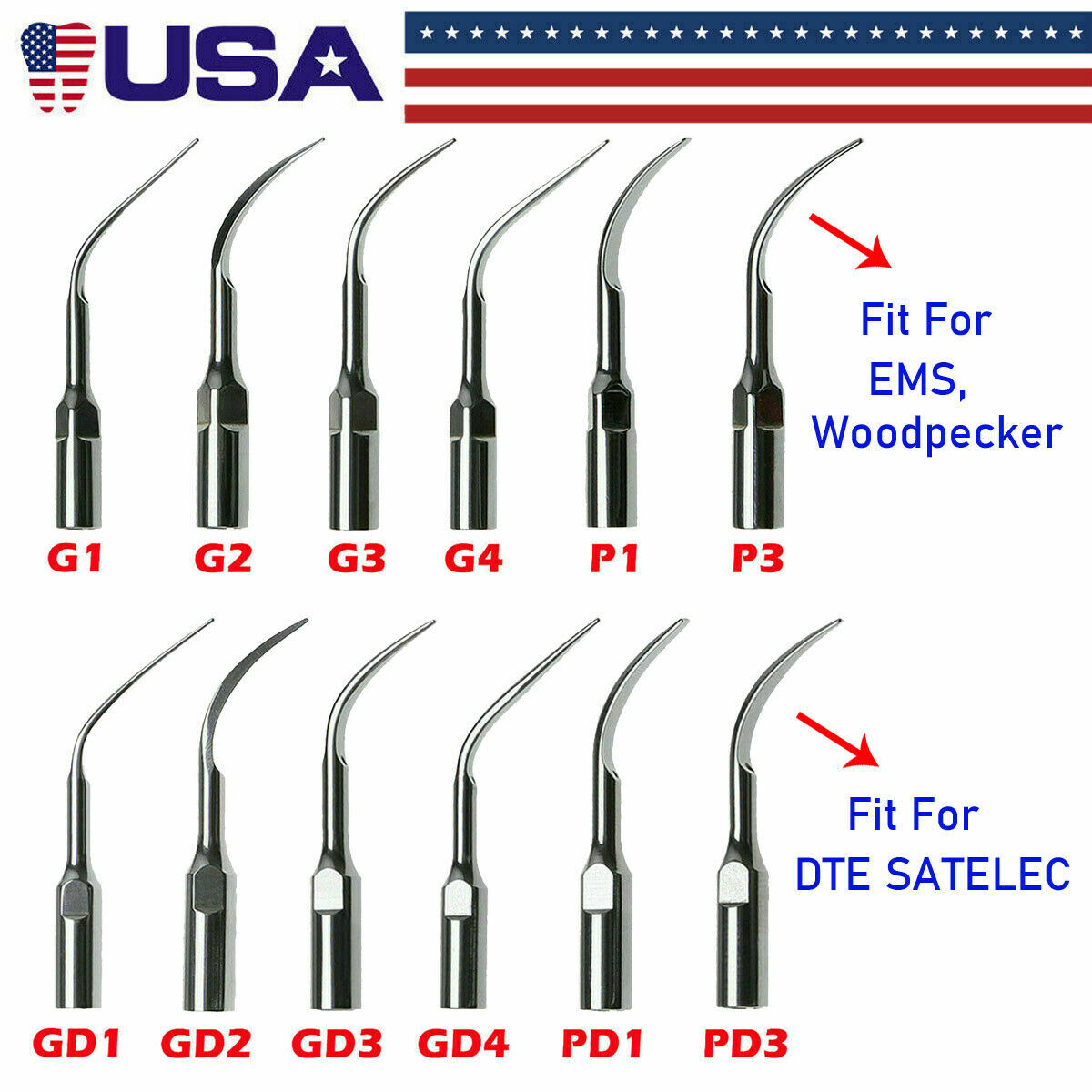 5pcs Dental Ultrasonic Piezo Scaler Tips Fit Cavitron EMS / DTE SATELEC FDA CE