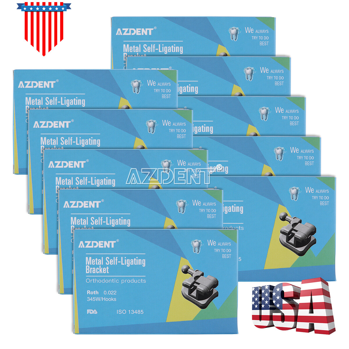 USPS AZDENT Orthodontic MIM Self Ligating Bracket Braces Roth/MBT .022 Hooks 345