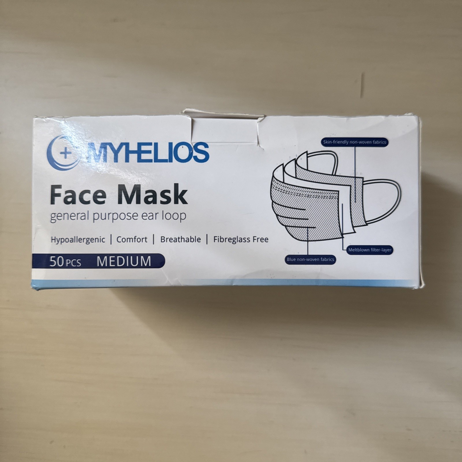 Myhelios Disposable Face Mask Hypoallergenic Comfort Breathable Qty 50 NIB Med