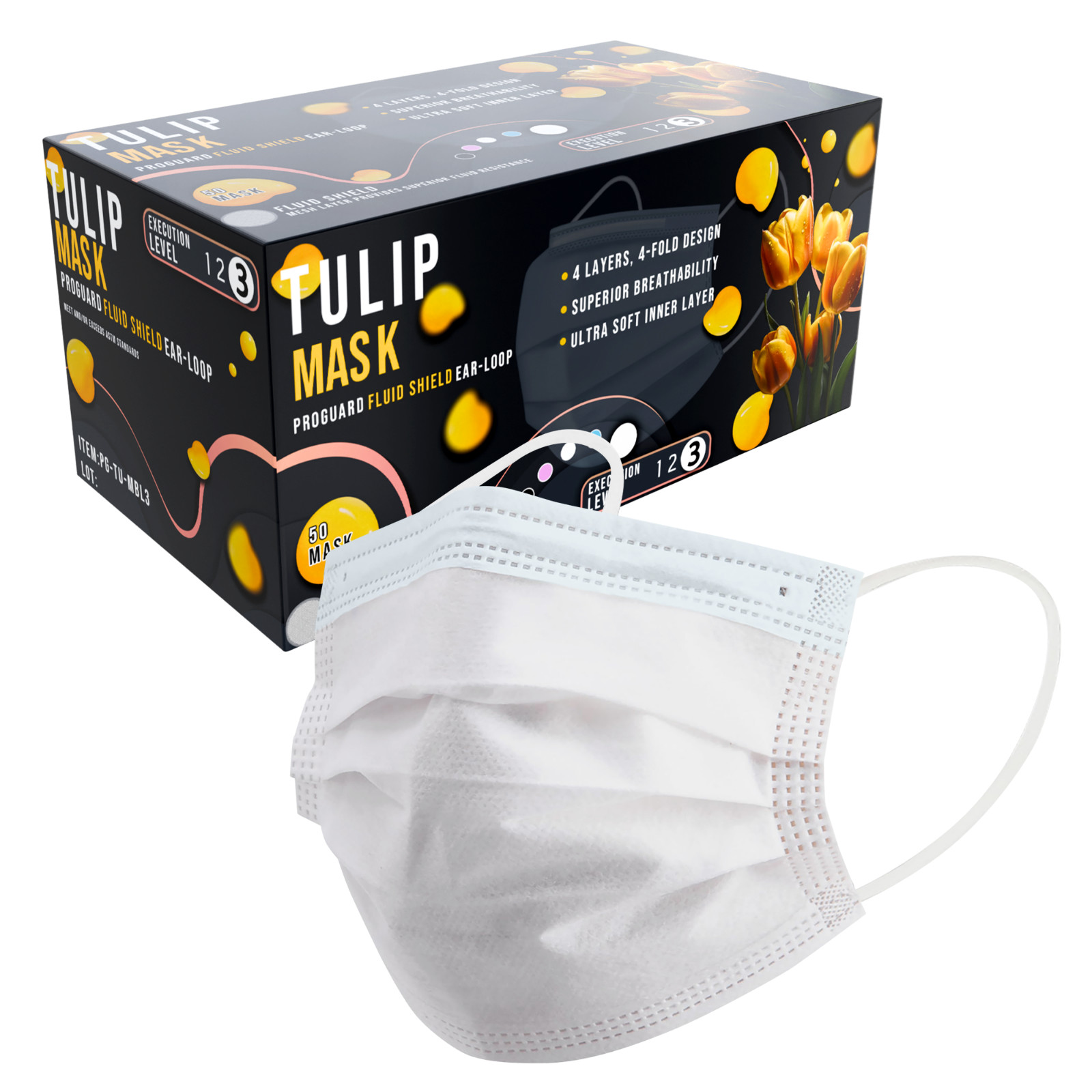 50 White ASTM Level 3 Face Masks 4-Ply, Disposable Surgical Medical Shield Tulip