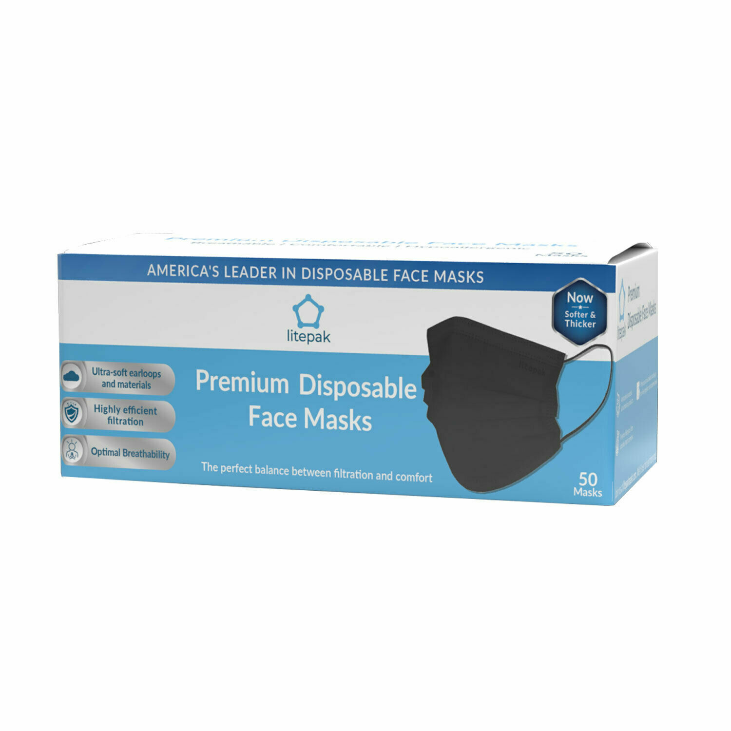 100pcs Litepak Black Disposable 3 Ply Face Mask SOFT Earloop Premium Mouth Cover
