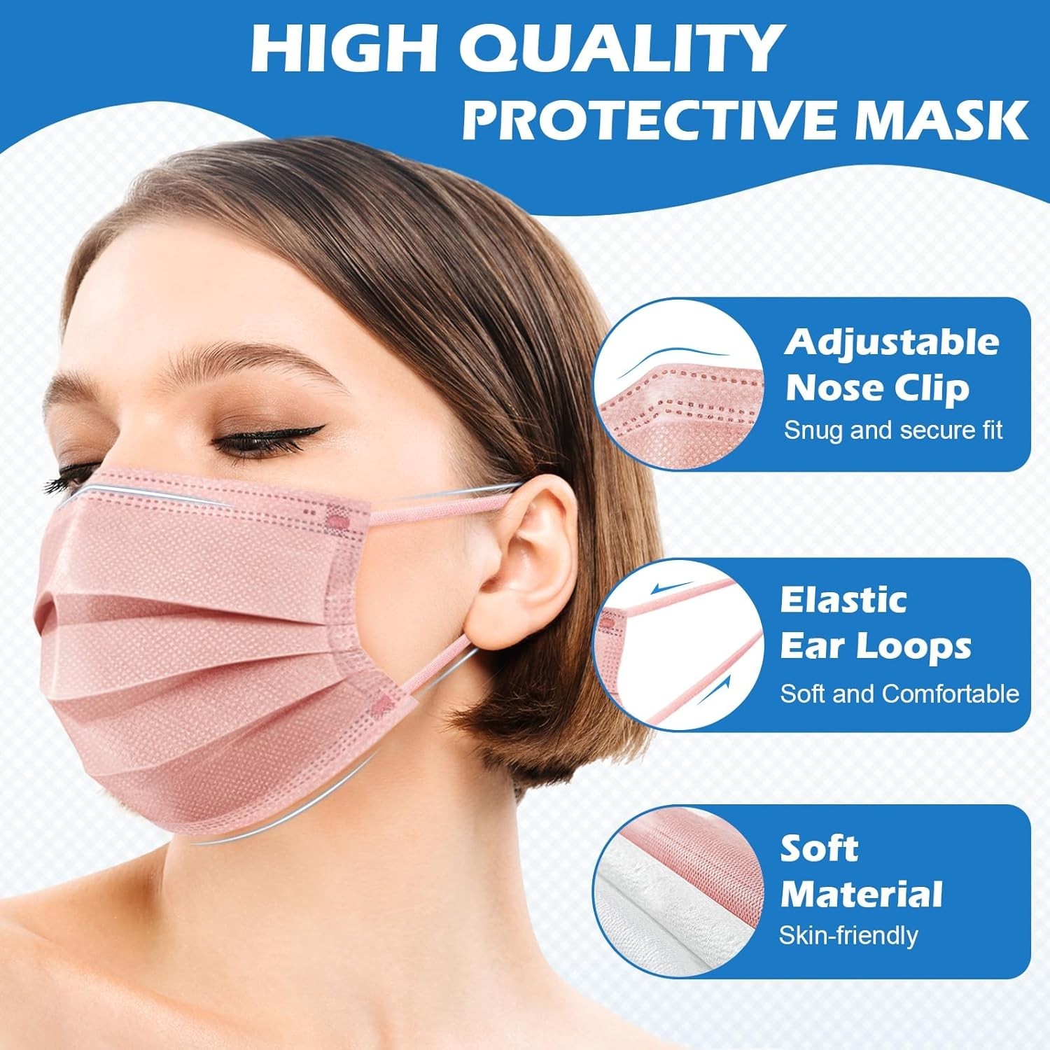 100/500 Pcs Disposable Face Masks, Breathable Mask 3 Layer with Nose Clip Ela…