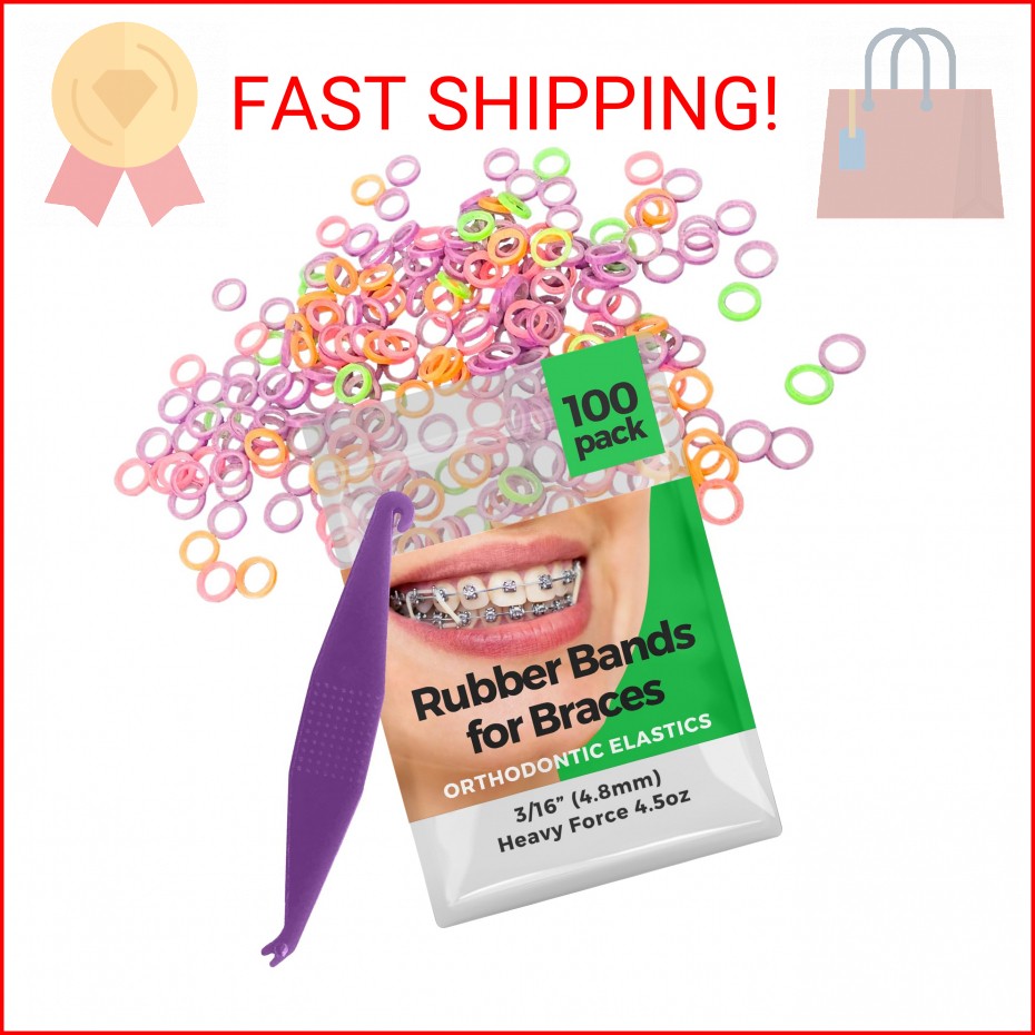 Orthodontic Rubber Bands for Braces 3/16 Heavy Force 4.5 oz – 100 Pack, Neon, El