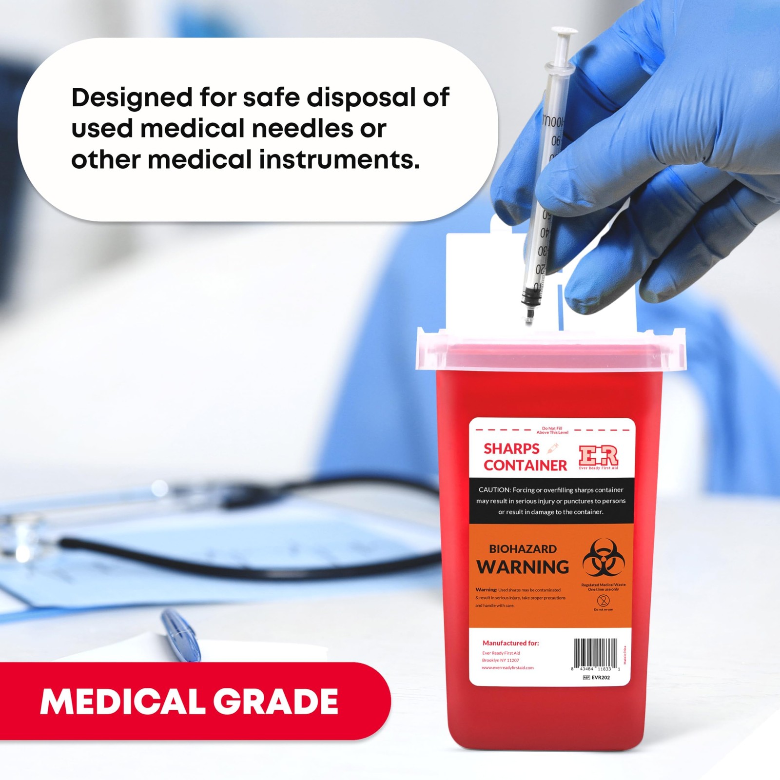 Ever Ready First Aid Sharps Container with Split Lid Design and 1-Count, Red
