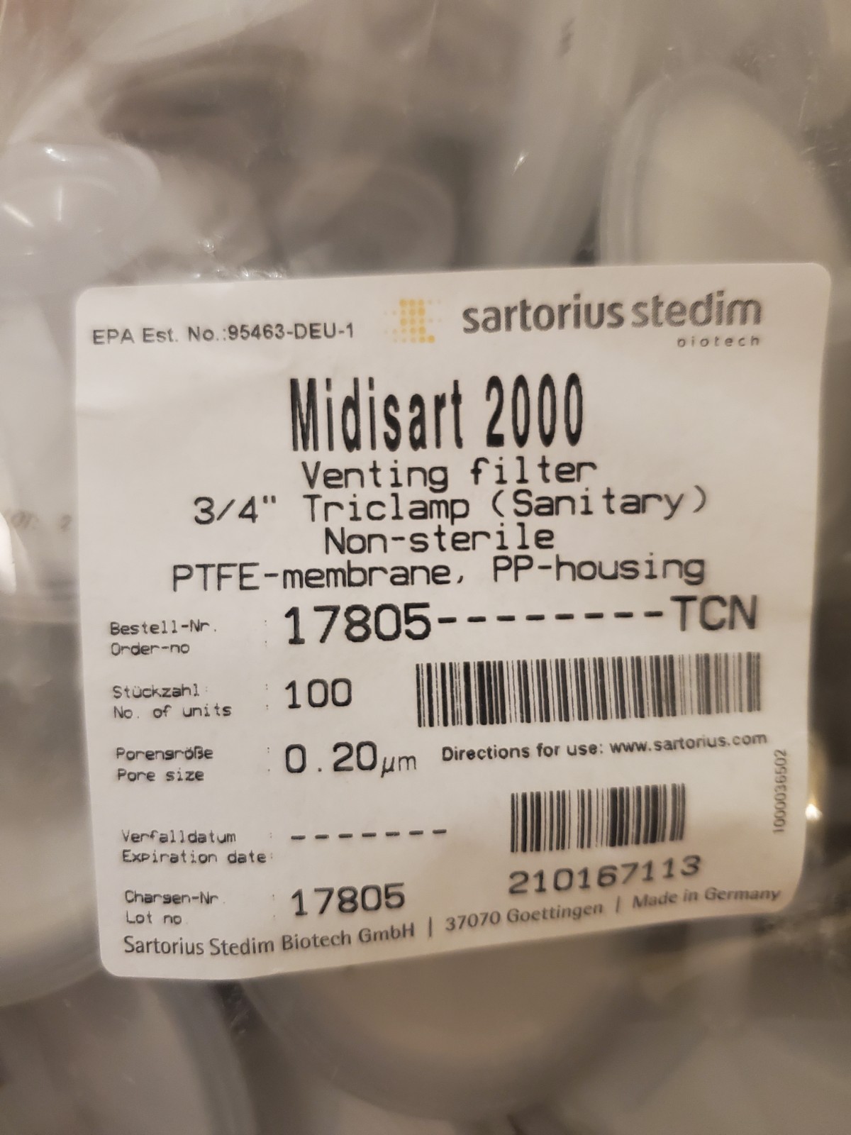 89 -New Sartorius Midisart 2000 17805-TCN air filter 0.2μm 3/4 Triclamp Sanitary