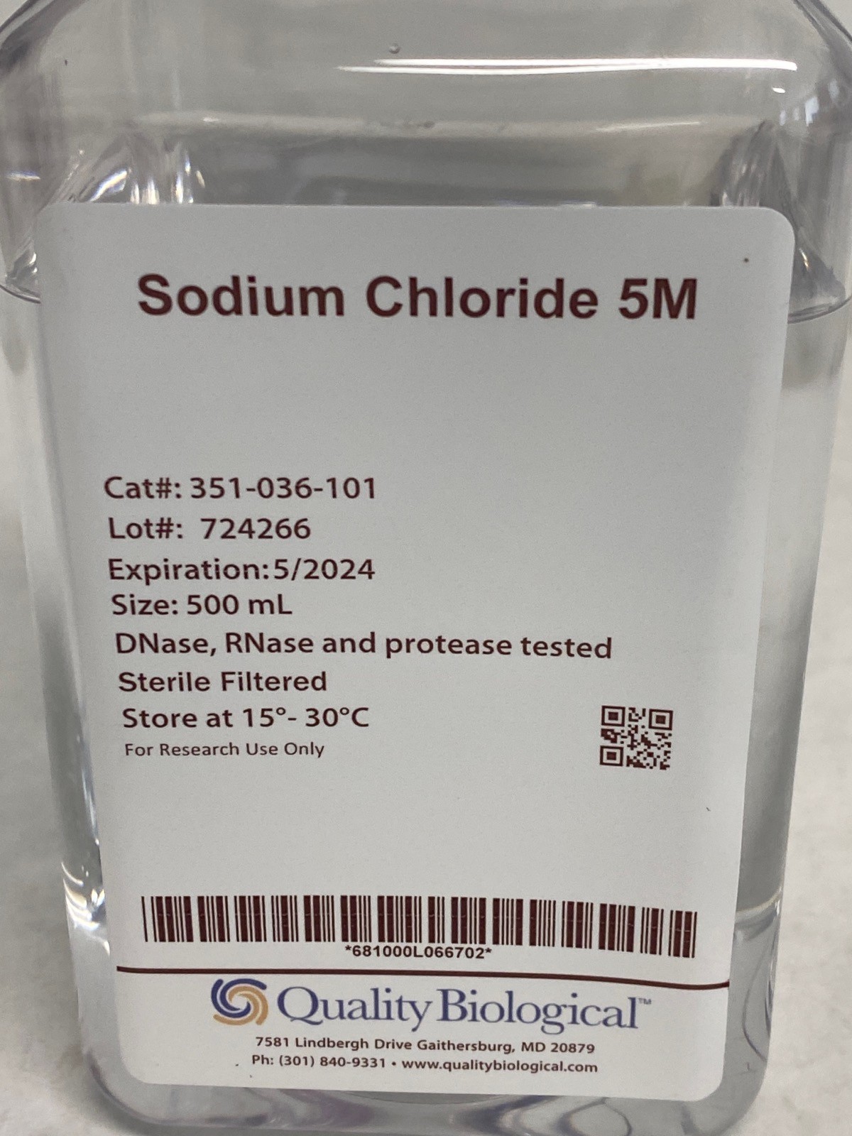 QUALITY BIOLOGICAL 500mL 5M Sodium Chloride Filtered Bottle 351-036-101