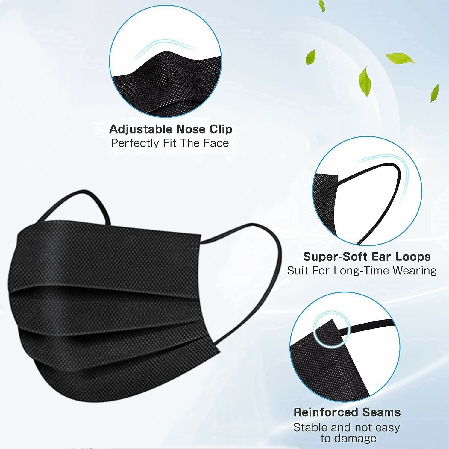 3000 Pcs (60box,50pcs/box) For Kids Children Black 3 Ply Disposable Face Mask