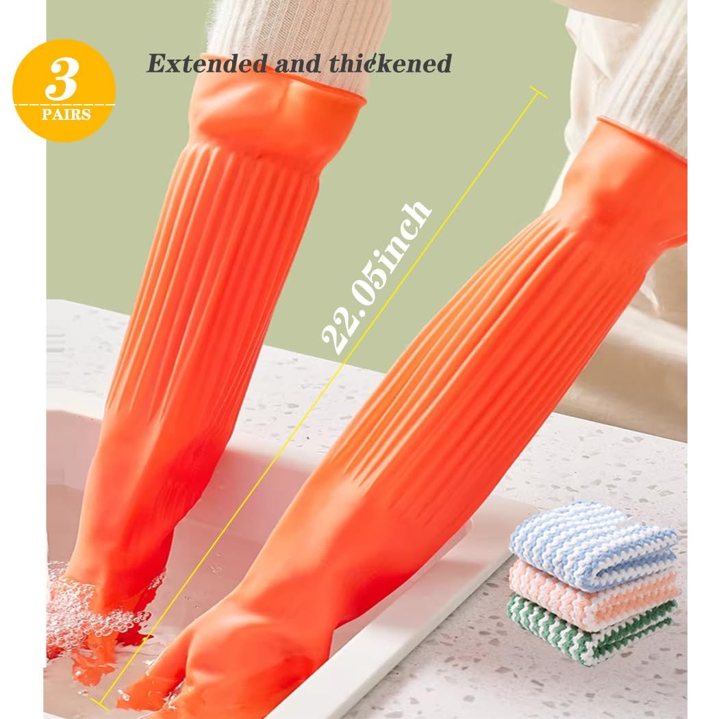 3 Pairs Extra Long Kitchen Cleaning Gloves, 20in Reusable Rubber, Red Large