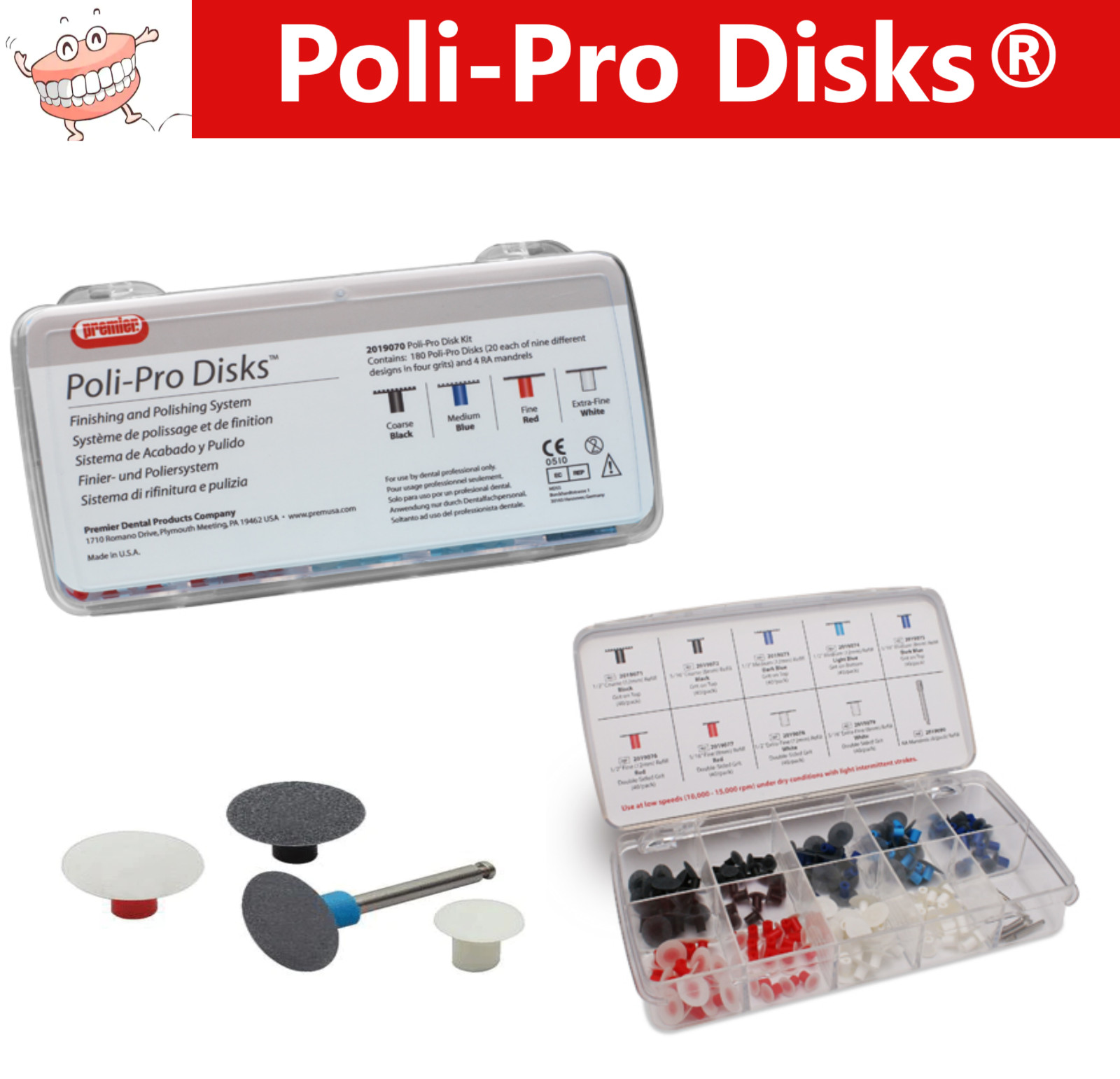 Dental Premier Poli-Pro Disk System Intro Kit: 180 Discs, 4 Mandrels or Discs