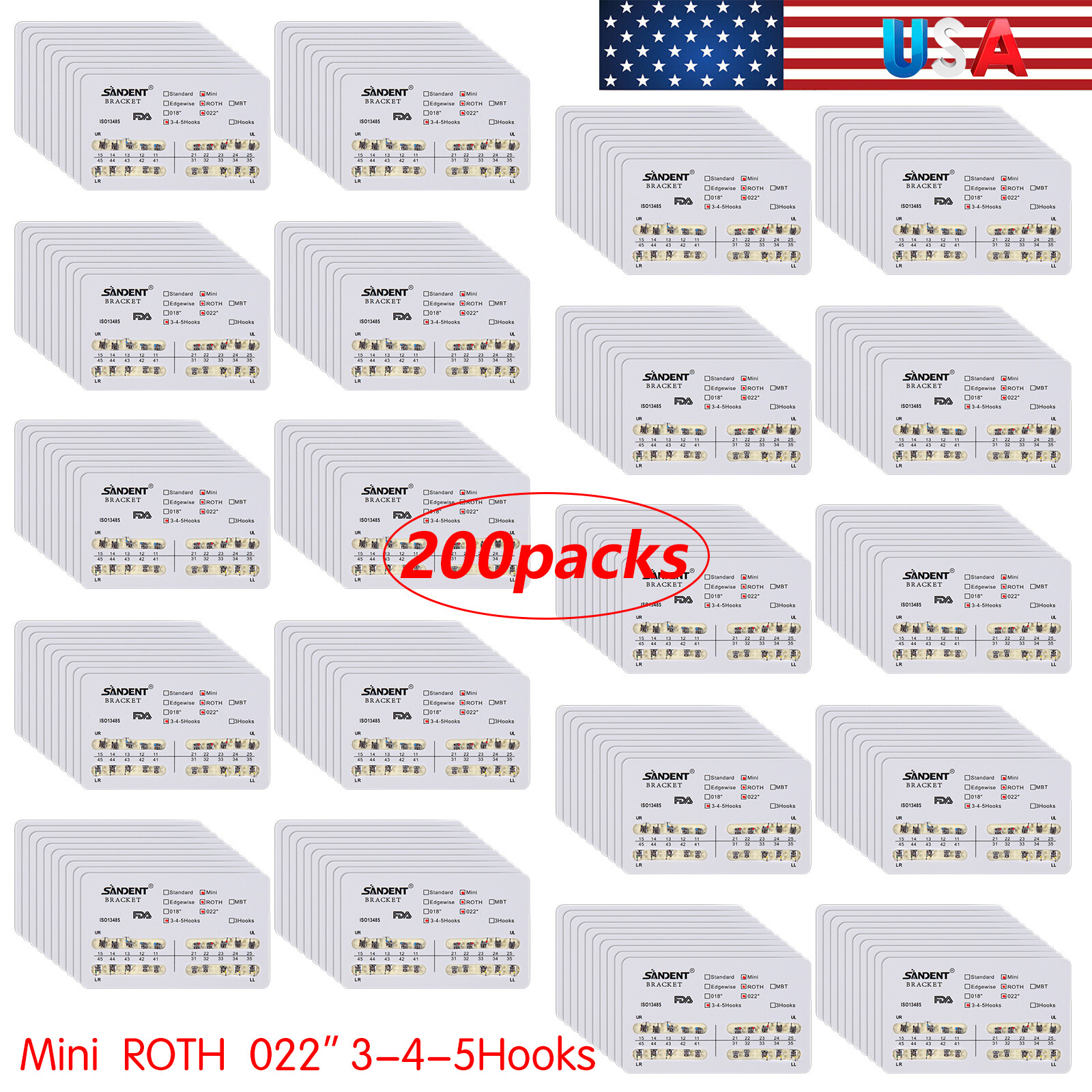 10-200 Packs SANDENT Dental Orthodontic Brackets Braces Mini Roth.022Hooks 3-4-5