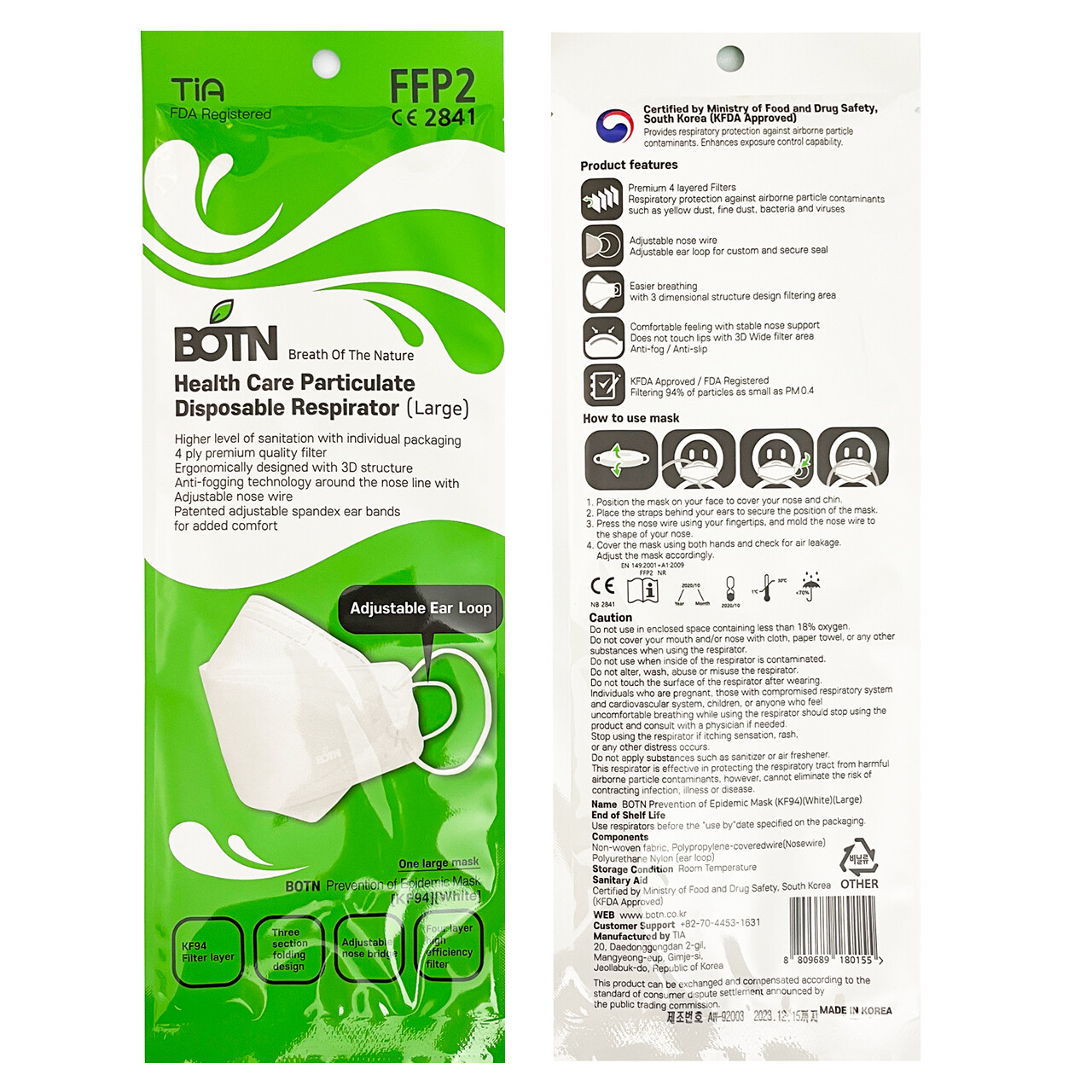 2 Pack KF94 WHITE L Adult Size Protective Face Mask Made in Korea KFDA Approved