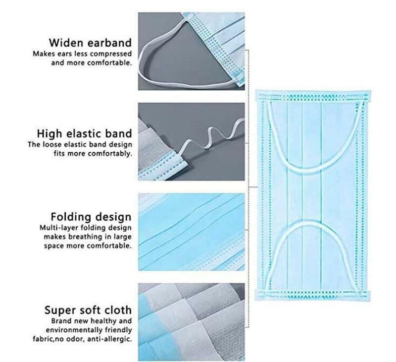 50 White and Blue FACE MASKS Disposable 3 Layers Breathable Earloop Covers PPE