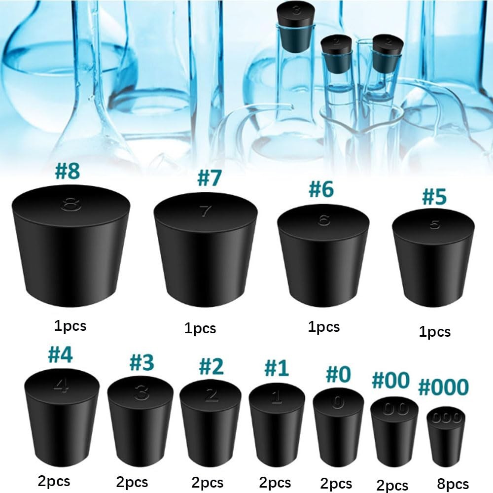 24Pcs Solid Rubber Stoppers 000# – 8# Tapered Lab Bungs 24pcs, Black