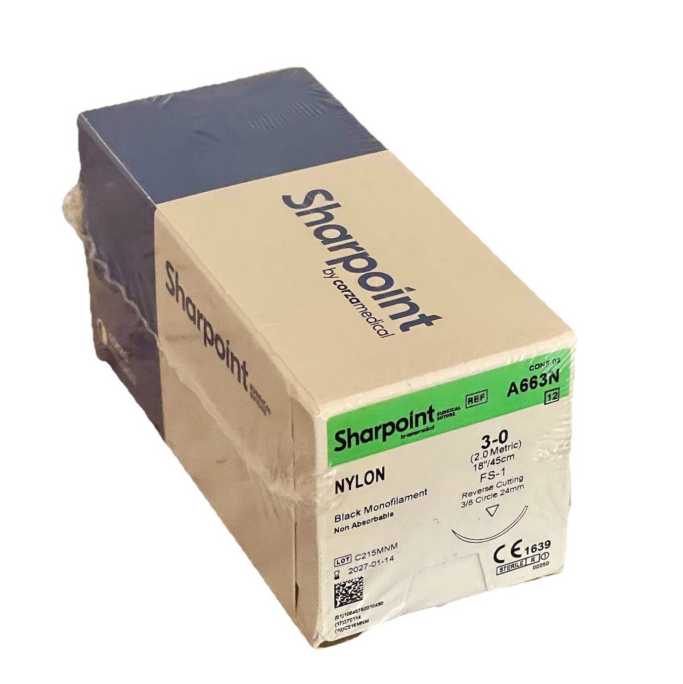 Sharpoint 3-0 Nylon Sutures A663N FS-1 Reverse Cutting 24mm 3/8 Circle Exp 2027